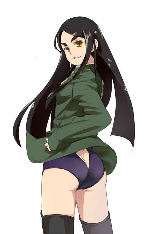 1girl, ass, ass_cutout, black_hair, black_thighhighs, butt_crack, clothing_cutout, cowboy_shot, female_focus, fusou_empire_princess, long_hair, long_sleeves, military, military_uniform, simple_background, solo, strike_witches, strike_witches_zero, swimsuit, swimsuit_under_clothes, tail, tail_through_clothes, thick_eyebrows, thighhighs, uno_ichi, very_long_hair, white_background, world_witches_series