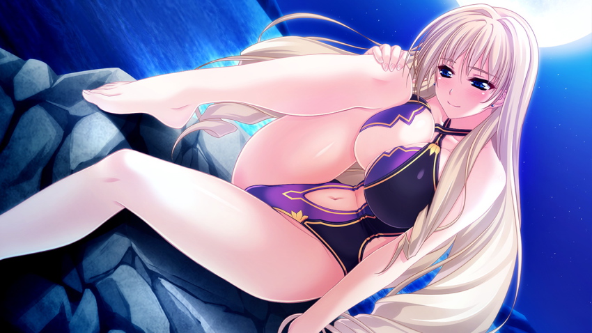 1girl, amasaka_takashi, barefoot, blonde_hair, blue_eyes, blush, breast_press, breasts