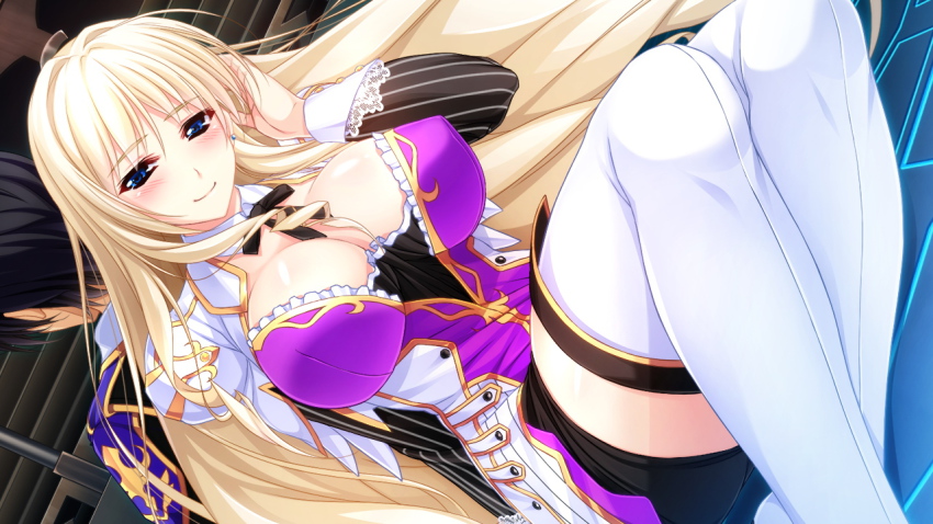 1boy, 1girl, adjusting_hair, amasaka_takashi, back-to-back, black_hair, blonde_hair, blue_eyes, blush, breasts, cleavage, dress, game_cg, huge_breasts, legs, long_hair, looking_at_viewer, short_hair, silveria_leodiehl, sitting, skirt, smile, thighs, unionism_quartet