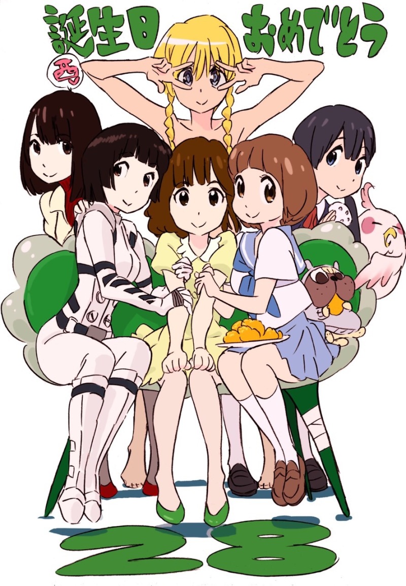 10s, 6+girls, barefoot, bird, black_hair, blonde_hair, blue_eyes, bob_cut