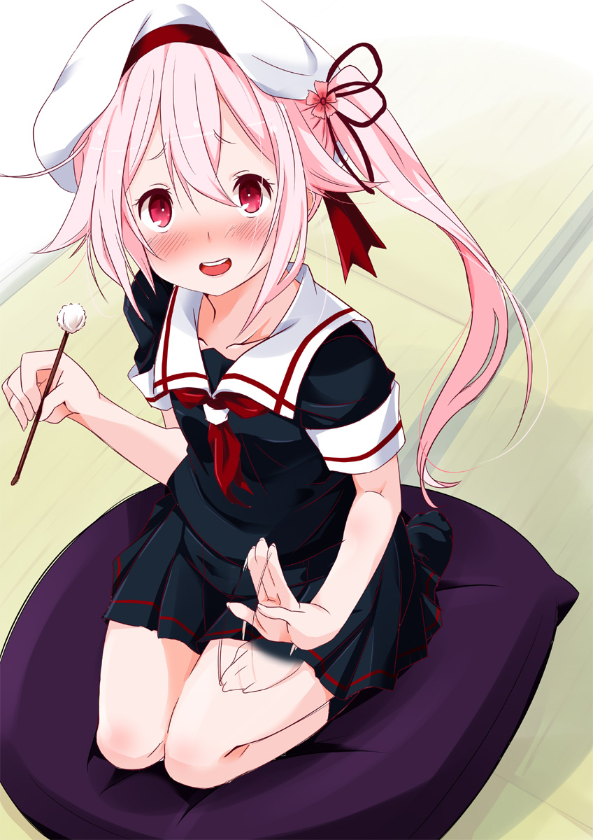 10s, beret, black_serafuku, black_skirt, blush, commentary, cushion, flower