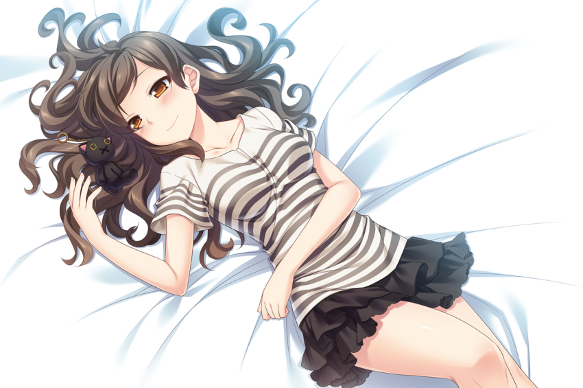 10s, 1girl, bed_sheet, blush, breasts, brown_eyes, brown_hair, charm_(object)