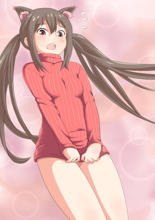 1girl, animal_ear_fluff, black_hair, brown_eyes, clothes_pull, cowboy_shot, from_below, k-on!