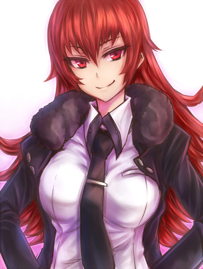 1girl, breasts, female_focus, fur_trim, hoshigami_zena, inaba-no-kuni-tottori, kure-nai, kurenai, long_hair, looking_at_viewer, necktie, red_eyes, red_hair, simple_background, smile, solo, white_background