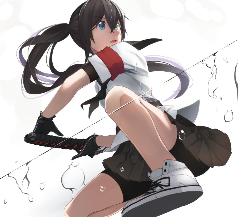 1girl, bad_id, bad_pixiv_id, bike_shorts, black_gloves, black_hair, blue_eyes, female_focus
