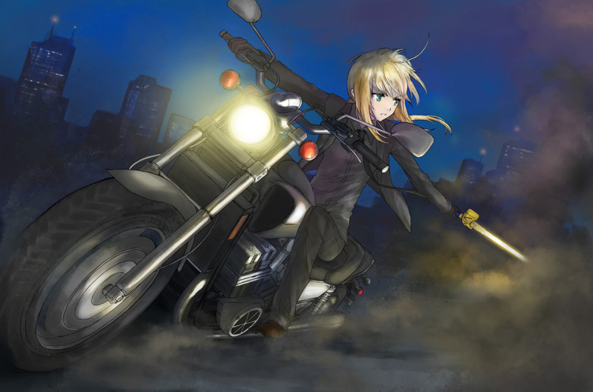 1girl, ahoge, artoria_pendragon_(fate), blonde_hair, excalibur_(fate/stay_night), fate/zero, fate_(series), female_focus, formal_clothes, gloves, green_eyes, junreisya, motor_vehicle, motorcycle, pant_suit, pants, reverse_trap, saber_(fate), sidelocks, solo, suit, sword, vehicle, weapon, yamaha_v-max