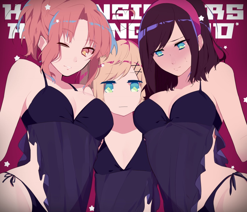 3girls, :|, absurdres, ahoge, axis_powers_hetalia, babydoll, bad_id, bad_pixiv_id, black_panties, blonde_hair, blue_eyes, blush, breast_envy, breasts, brown_eyes, brown_hair, cleavage, closed_mouth, completely_unamused, embarrassed, flat_chest, genderswap, genderswap_(mtf), green_eyes, hair_ornament, hairclip, heart, heart_ahoge, highres, long_hair, multicolored_eyes, multiple_girls, northern_italy_(female)_(hetalia), northern_italy_(hetalia), one_eye_closed, panties, ponytail, siblings, side-tie_panties, sisters, southern_italy_(female)_(hetalia), southern_italy_(hetalia), star_(symbol), sutou, sweat, unamused, underwear, united_kingdom_(hetalia)