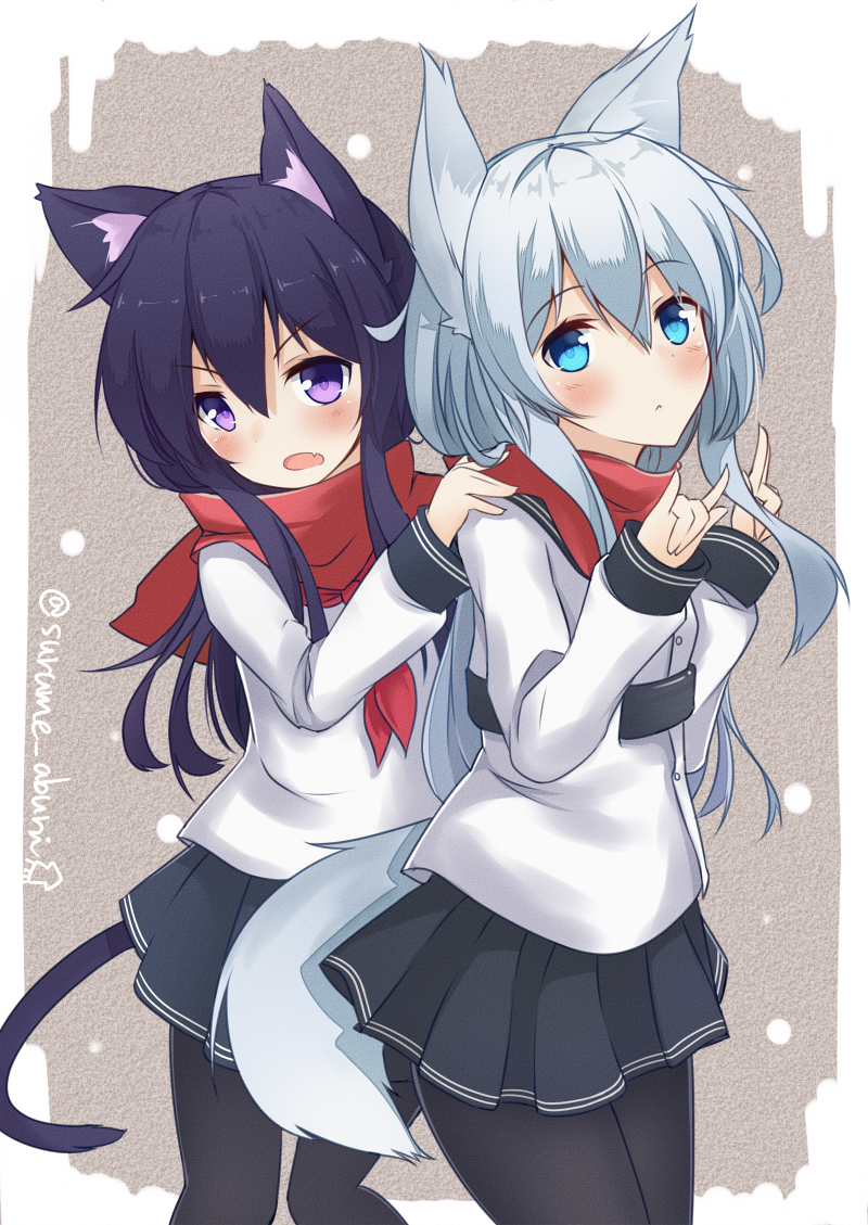 10s, 2girls, \m/, akatsuki_(kancolle), animal_ears, black_hair, blue_eyes, cat_ears