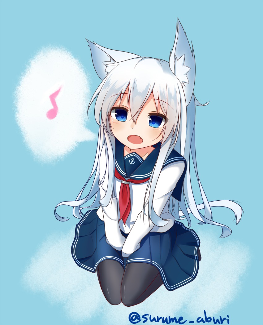 10s, 1girl, :d, bad_id, bad_pixiv_id, black_pantyhose, blue_background, blue_eyes