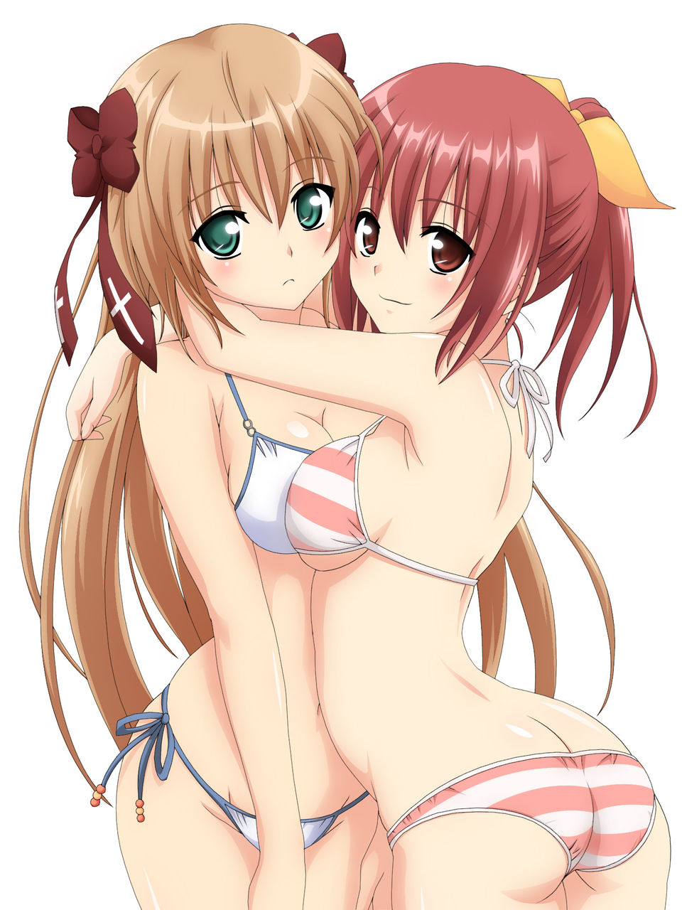 2girls, ass, bikini, bow, breast_press, butt_crack, colorized, cowboy_shot, expressionless, female_focus, green_eyes, hair_bow, halterneck, highres, hug, light_brown_hair, light_smile, long_hair, mayoi_neko_overrun!, miru_(millefeuille), multiple_girls, naruko_kanae, non-web_source, ponytail, red_eyes, red_hair, serizawa_fumino, side-tie_bikini_bottom, simple_background, striped_bikini, striped_clothes, swimsuit, symmetrical_docking, white_background, white_bikini
