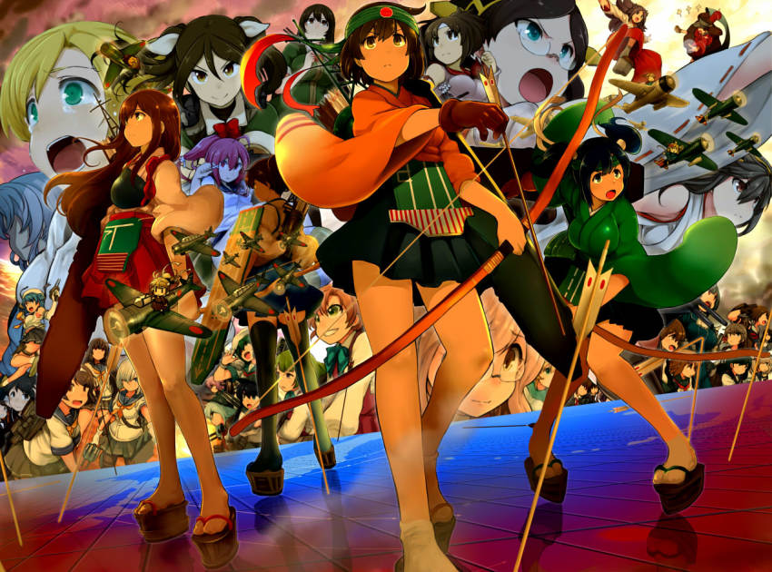 10s, 6+girls, abukuma_(kancolle), ahoge, aircraft, airplane, akagi_(kancolle), akatsuki_(kancolle)