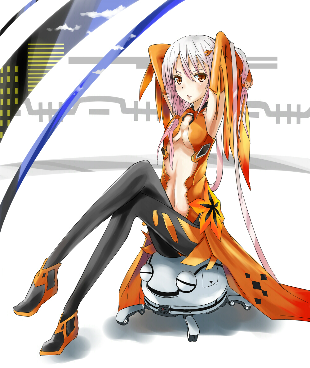 10s, 1girl, armpits, arms_behind_head, bare_shoulders, black_thighhighs, breasts, center_opening