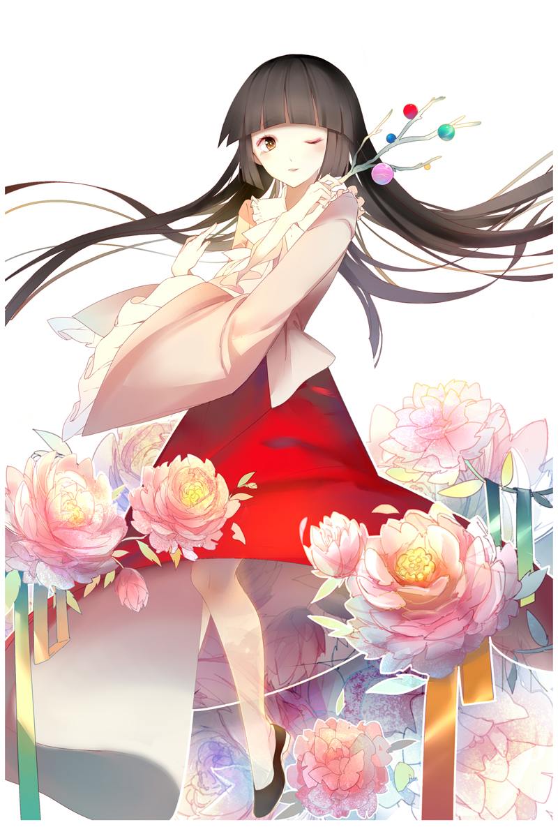 1girl, bad_id, bad_pixiv_id, branch, female_focus, flower, houraisan_kaguya, jeweled_branch_of_hourai