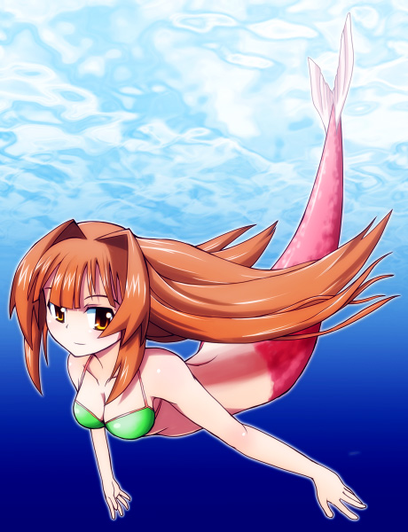 00s, 1girl, bikini, bikini_top_only, breasts, brown_hair, female_focus, fins, fish_tail, green_bikini, kneeless_merfolk, long_hair, merfolk, mermaid, mermaid_tail, mermaid_transformation, monster_girl, orange_eyes, red_hair, seto_no_hanayome, seto_sun, solo, swimsuit, tail, underwater, yn1982