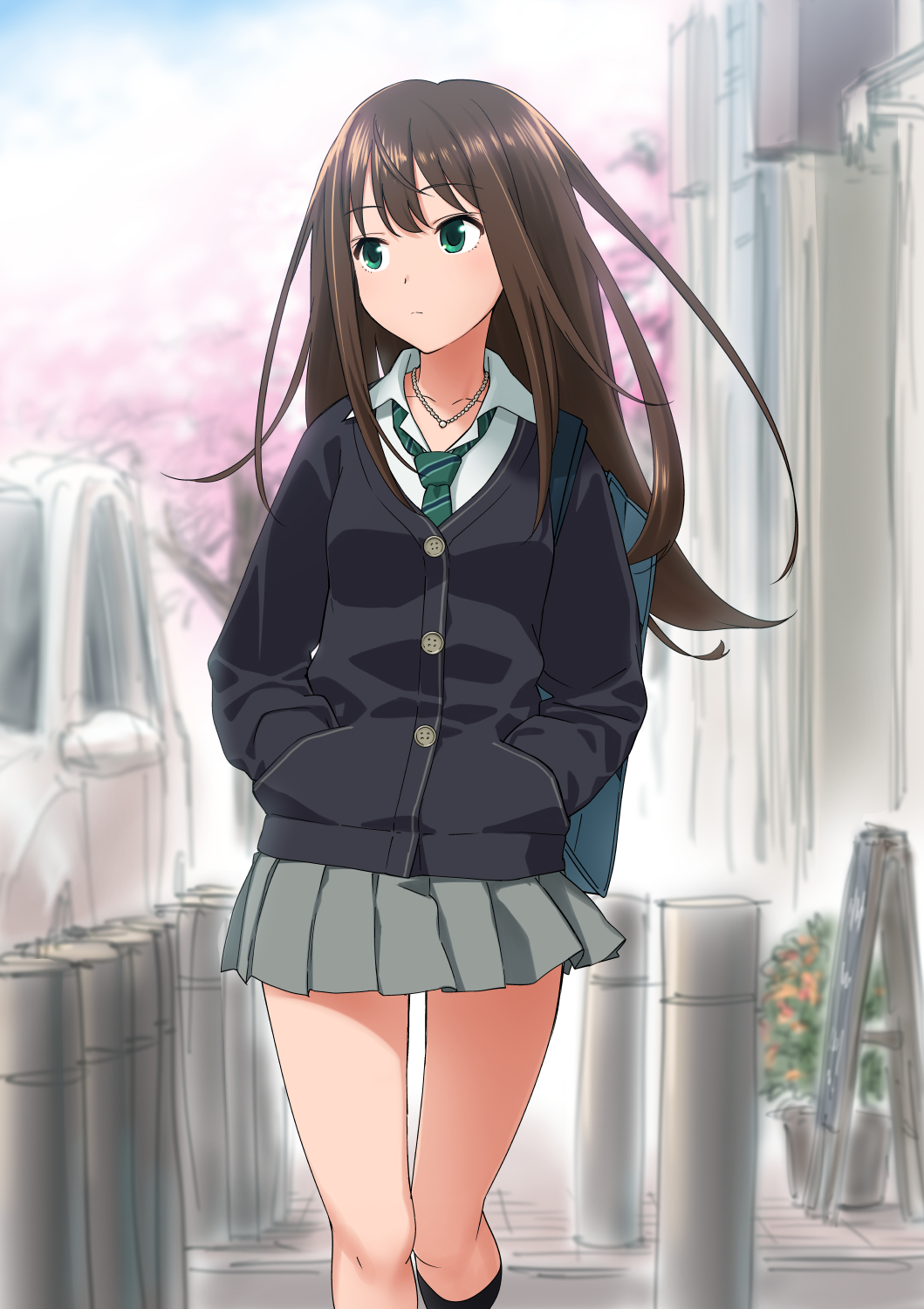 10s, 1girl, brown_hair, cardigan, female_focus, green_eyes, hands_in_pockets, highres