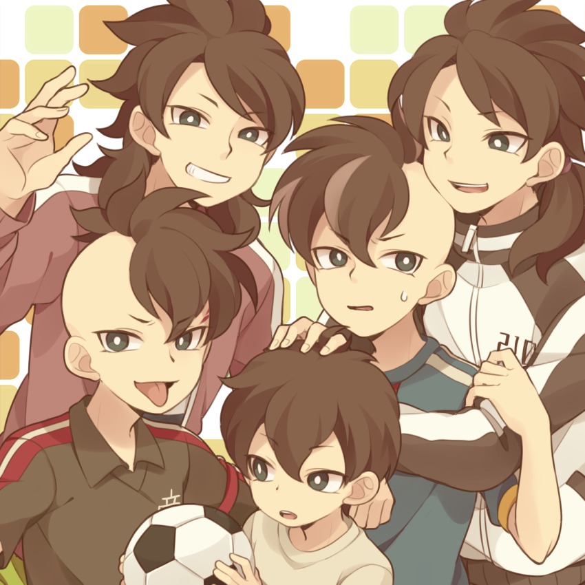 10s, 5boys, age_progression, armband, ball, brown_hair, fudou_akio, grin