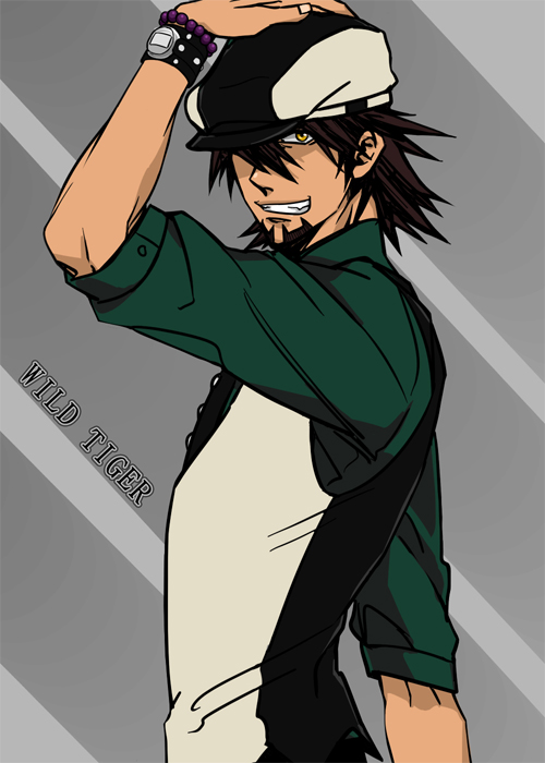 10s, 1boy, ague, newsboy_cap, green_shirt, grin, hand_on_headwear, hat, kaburagi_t._kotetsu, looking_at_viewer, male_focus, shirt, smile, solo, tiger_&amp;_bunny, vest, yellow_eyes