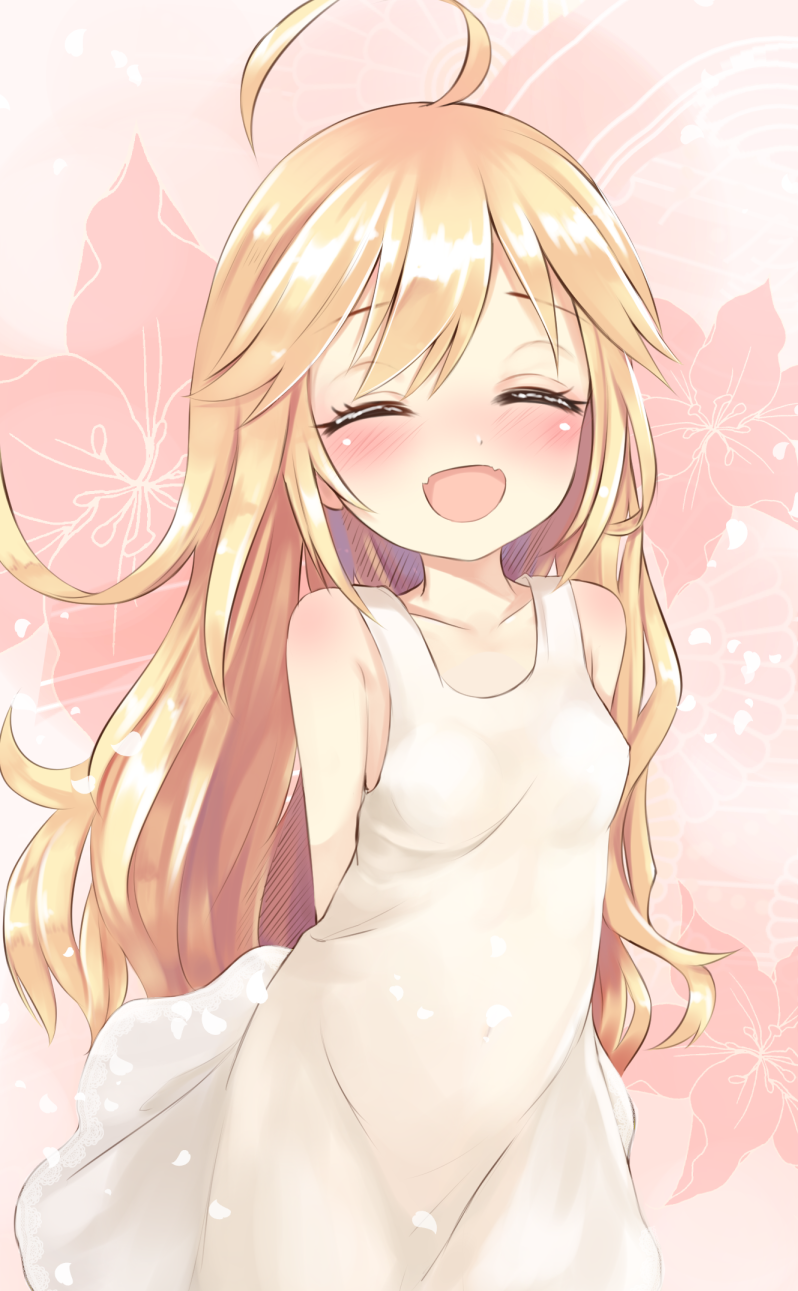 10s, 1girl, :d, ^_^, ahoge, arms_behind_back, blonde_hair, blush