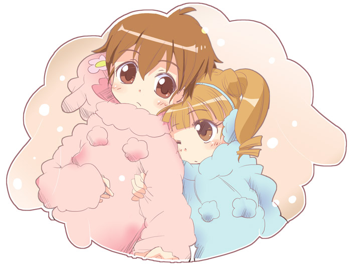 00s, 1boy, 1girl, blonde_hair, blunt_bangs, blush, brown_eyes, brown_hair