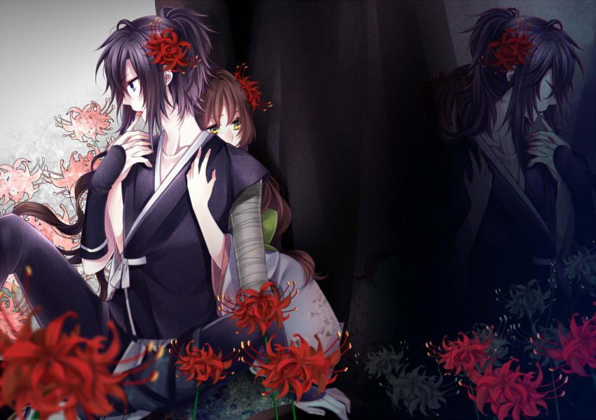 1boy, 1girl, bad_id, bad_pixiv_id, bandaged_arm, bandages, blue_eyes, blue_hair