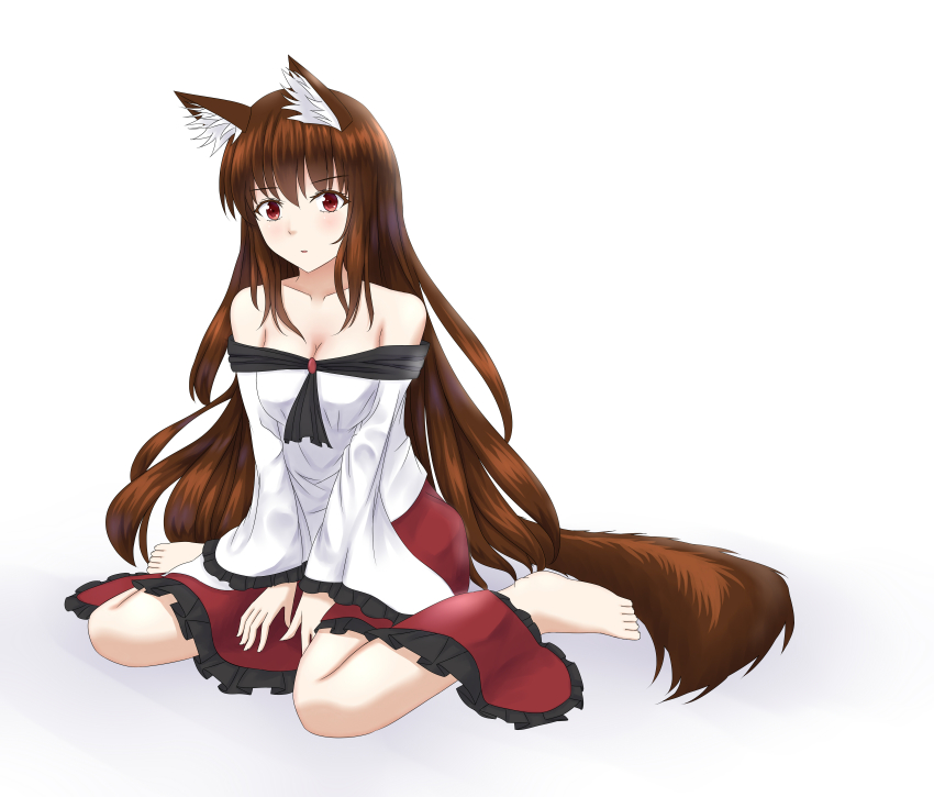 1girl, absurdres, animal_ears, bare_shoulders, barefoot, breasts, brooch, brown_hair
