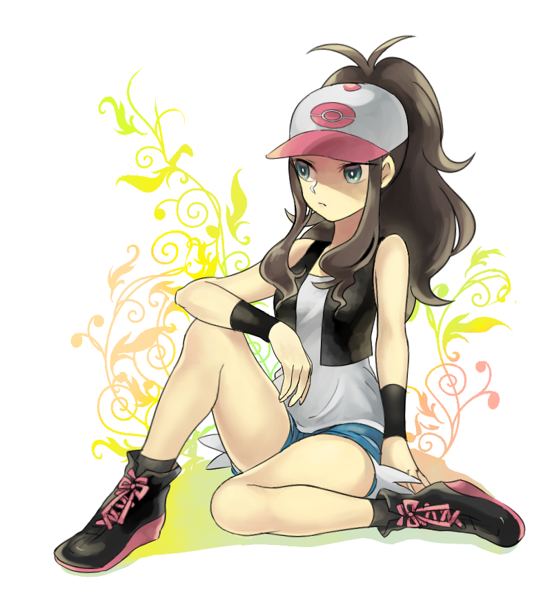 10s, 1girl, arm_rest, bare_shoulders, baseball_cap, blue_eyes, brown_hair, denim, denim_shorts, female_focus, hat, hilda_(pokemon), laiku_n, long_hair, nintendo, pokemon, pokemon_black_and_white, ponytail, shorts, sitting, solo, vest