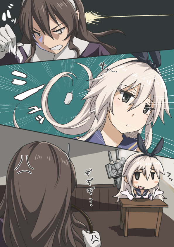 10s, 2girls, anger_vein, animal_ears, ashigara_(kancolle), blonde_hair, blush, blush_stickers, breasts, brown_eyes, brown_hair, rabbit_ears, chalk, chalkboard, comic, crop_top, desk, elbow_gloves, emphasis_lines, gloves, grey_eyes, hair_ornament, hairband, highleg, highleg_panties, kantai_collection, long_hair, multiple_girls, panties, rensouhou-chan, school_desk, school_uniform, serafuku, shimakaze_(kancolle), smile, striped, teacher, teacher_and_student, throwing, trg, trg_(trg_mamire), underwear, wavy_hair