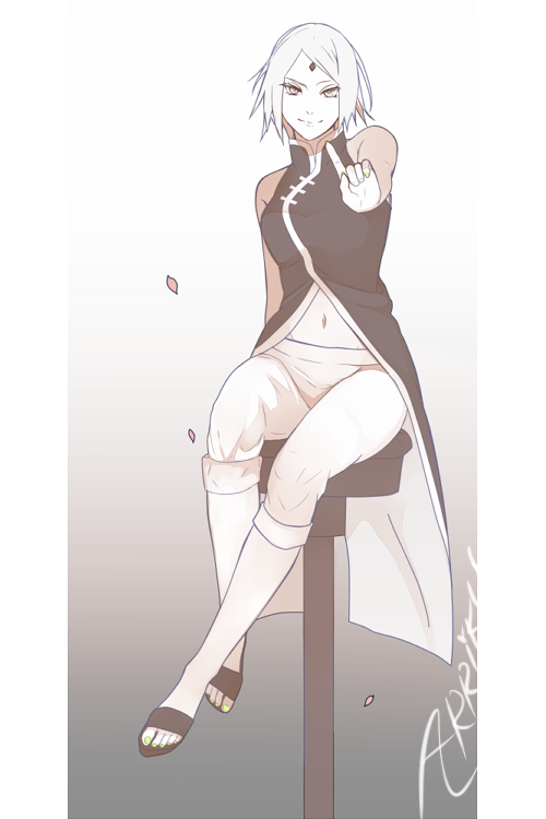 1girl, arriku, artist_name, bare_shoulders, breasts, dress, facial_mark, female_focus, finger_up, forehead_mark, gradient_background, haruno_sakura, legs, looking_at_viewer, naruto_(classic), naruto_(series), navel, pants, petals, sandals, short_hair, sitting, sleeveless, sleeveless_dress, smile, solo, stool, toes