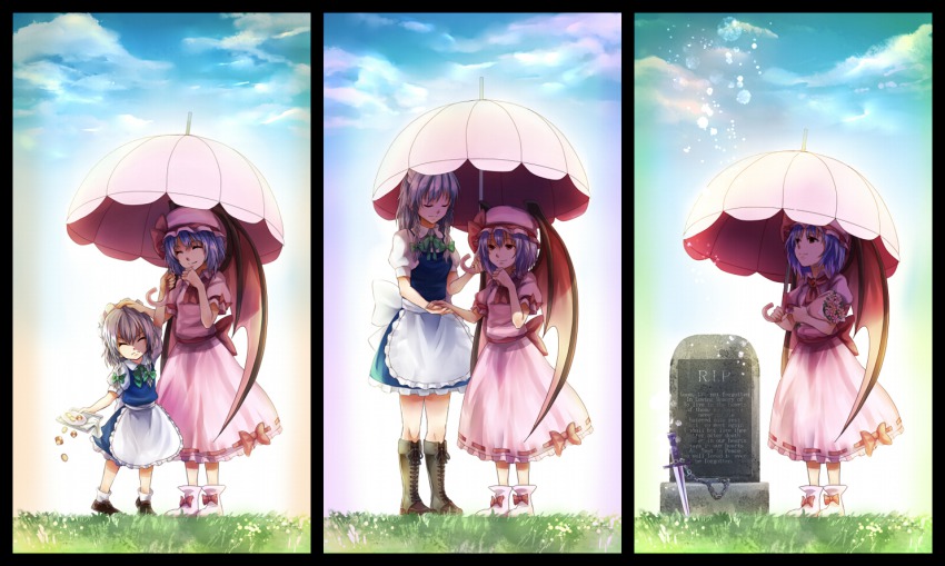 2girls, age_progression, boots, bow, braid, dress, female_focus, grass, grave, hat, headdress, izayoi_sakuya, knife, maid, michi_(hanako5200), multiple_girls, remilia_scarlet, tombstone, touhou, umbrella, vampire, wings
