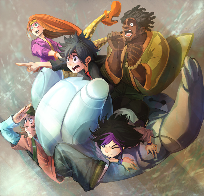 2girls, 3boys, baymax, big_hero_6, black_hair, brown_eyes, dark_skin, disney