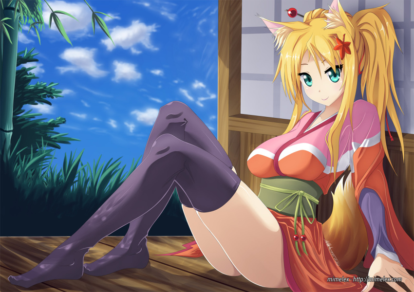 10s, 1girl, animal_ears, bamboo, black_thighhighs, blonde_hair, blue_eyes, breasts