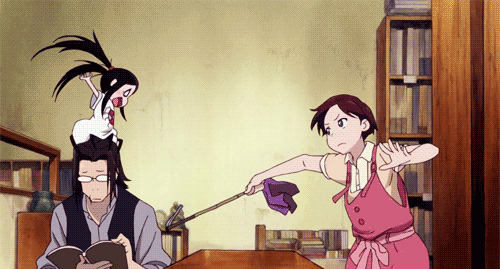 10s, 1boy, 2girls, angry, animated, animated_gif, arthropod_girl, black_hair