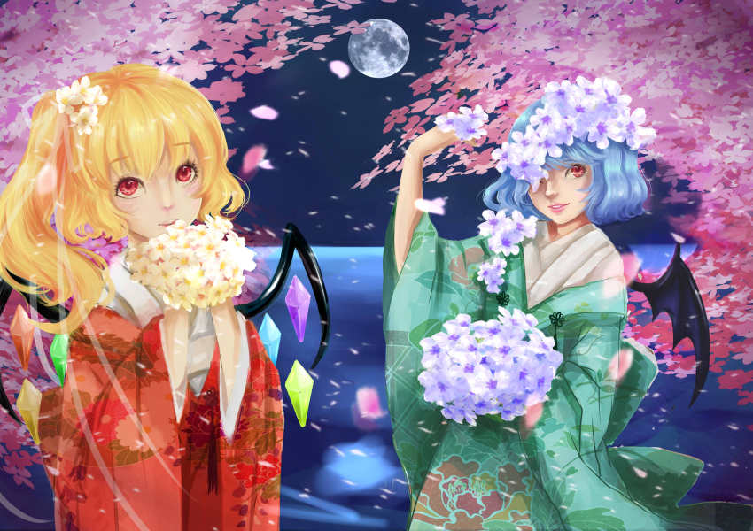 2girls, absurdres, alternate_costume, bat_wings, blonde_hair, blue_hair, bouquet, cherry_blossoms