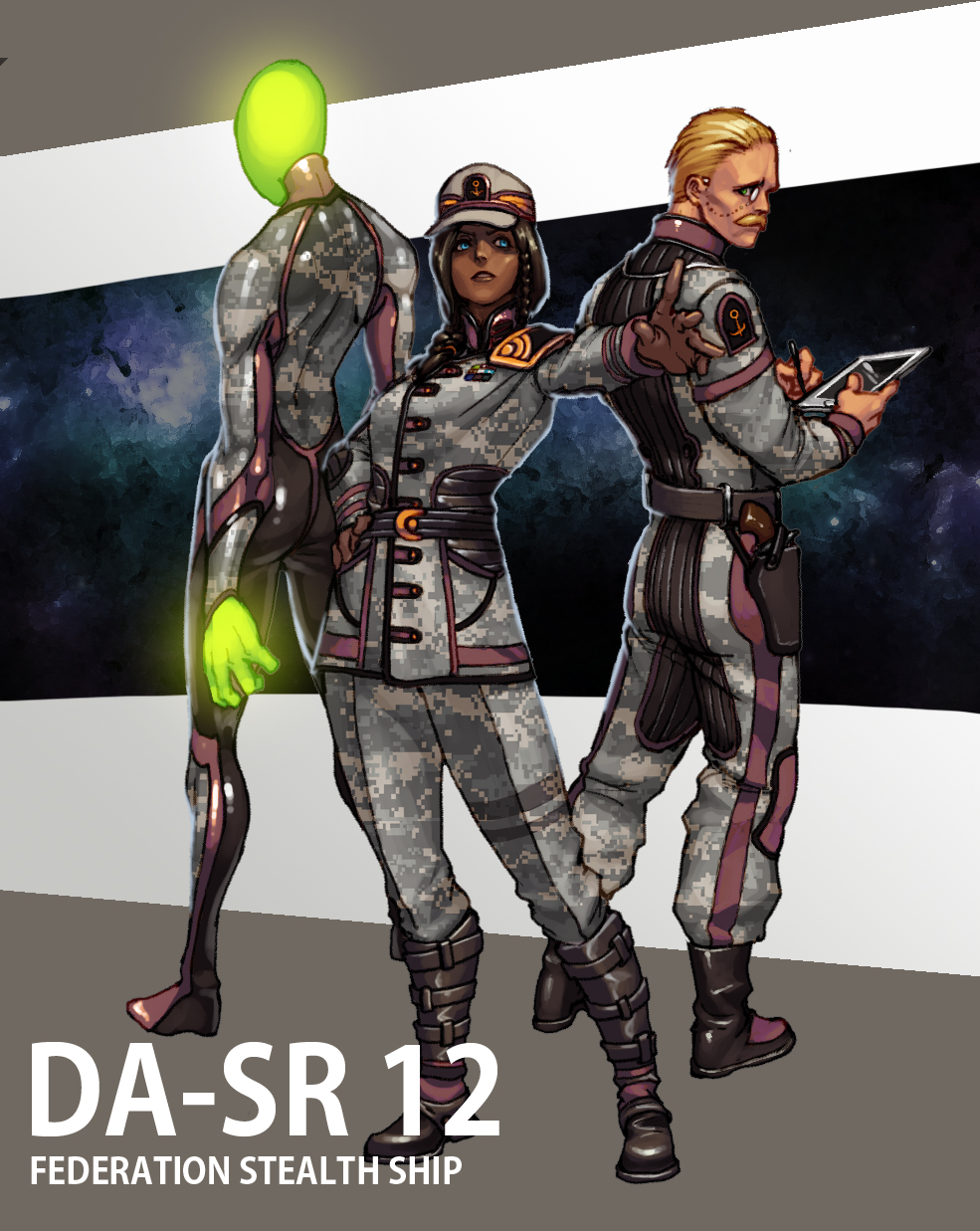 1girl, 2boys, alien, bad_id, bad_pixiv_id, blue_eyes, braid, brown_hair, camouflage, colored_skin, dark_skin, digital_camouflage, facial_hair, ftl:_faster_than_light, glowing, green_eyes, green_skin, gun, hand_on_own_hip, handgun, highres, holster, military, military_uniform, monocle, multiple_boys, mustache, penett, revolver, short_hair, stylus, tablet_pc, weapon, zoltan