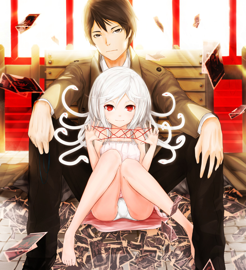 1boy, 1girl, absurdres, bad_id, bad_pixiv_id, barefoot, black_eyes, black_hair, box, cat's_cradle, donation_box, dress, feet, god_nadeko, highres, kaiki_deishuu, koimonogatari, living_hair, lucifer301, money, monogatari_(series), panties, pantyshot, red_eyes, sengoku_nadeko, short_hair, sitting, snake_hair, toes, underwear, white_hair, white_panties