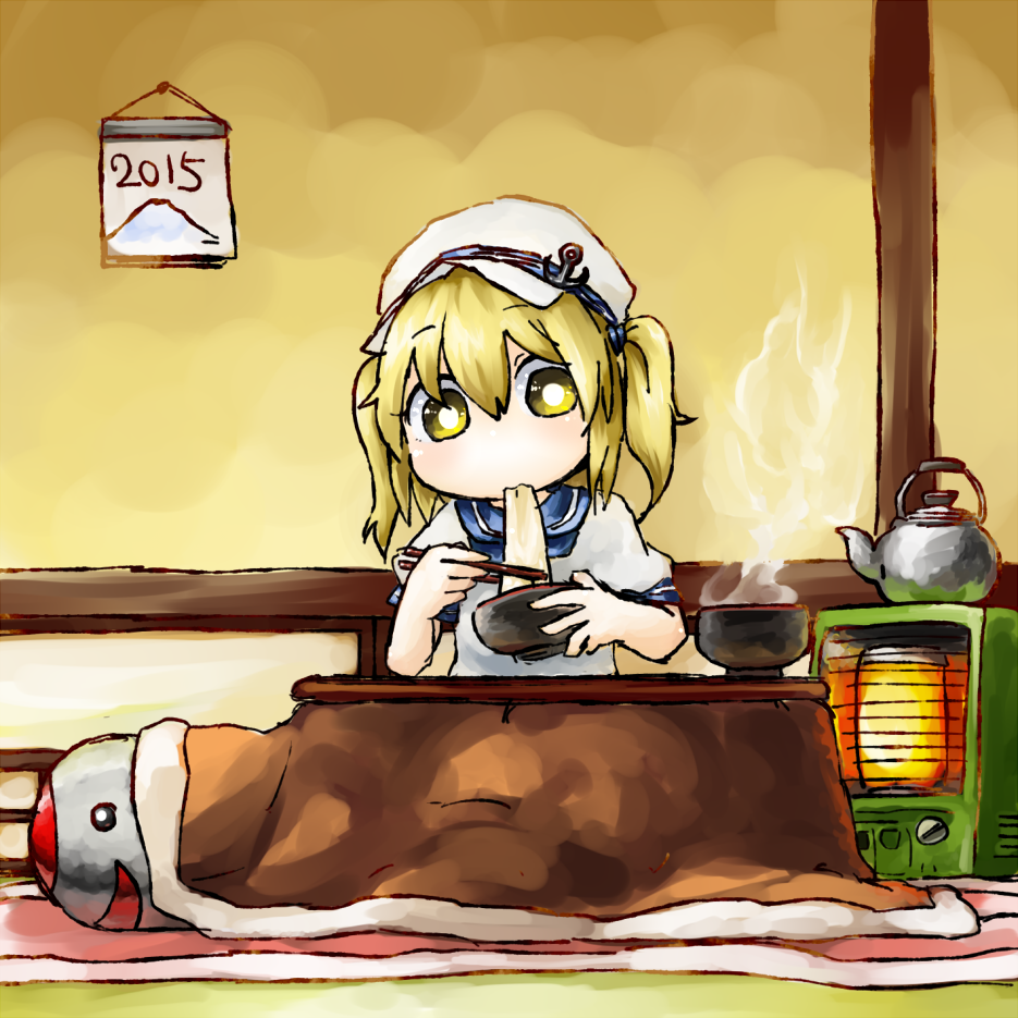10s, 1girl, 2015, anchor, blonde_hair, blue_sailor_collar, bowl, calendar_(object)