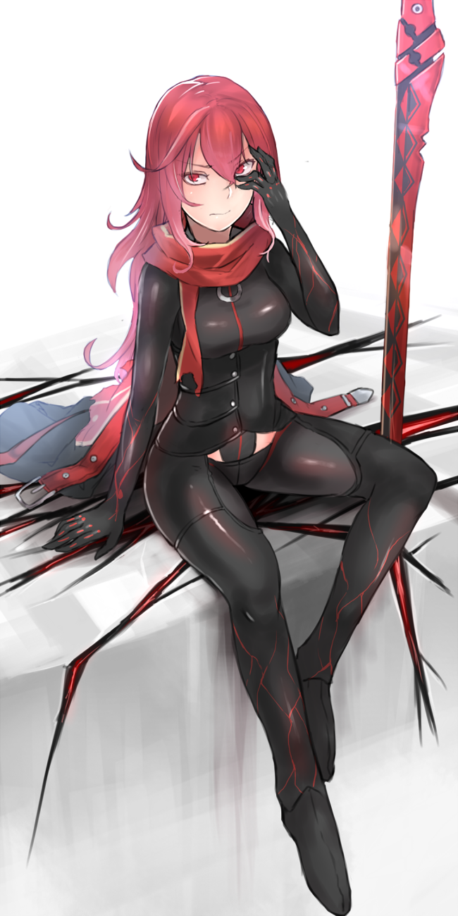 1girl, bodysuit, dark_knight_(elsword), elesis_(elsword), elsword, female_focus, ganesagi, highres, long_hair, red_eyes, red_hair, scarf, solo, sword, weapon