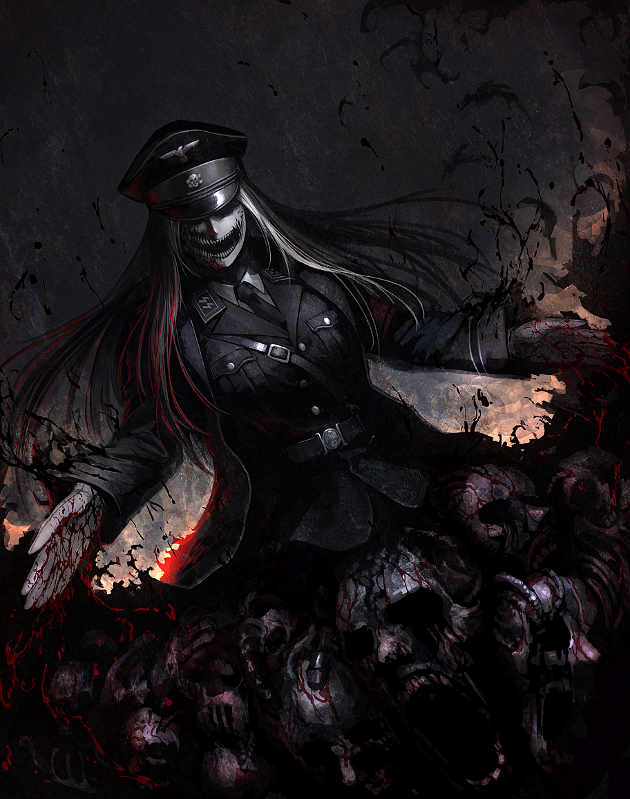 1girl, belt, blonde_hair, blood, coat, gloves, hat, hetza_(hellshock)