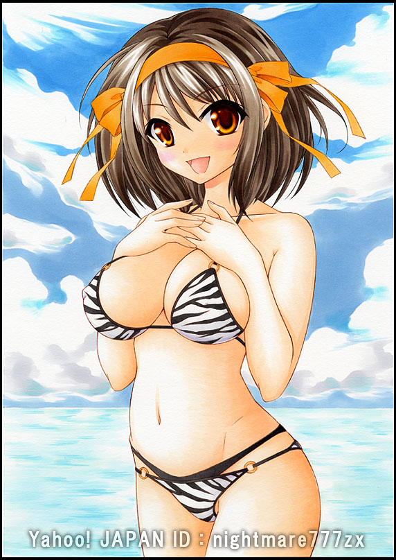 1girl, animal_print, bare_shoulders, bikini, black_hair, blush, breasts, brown_eyes