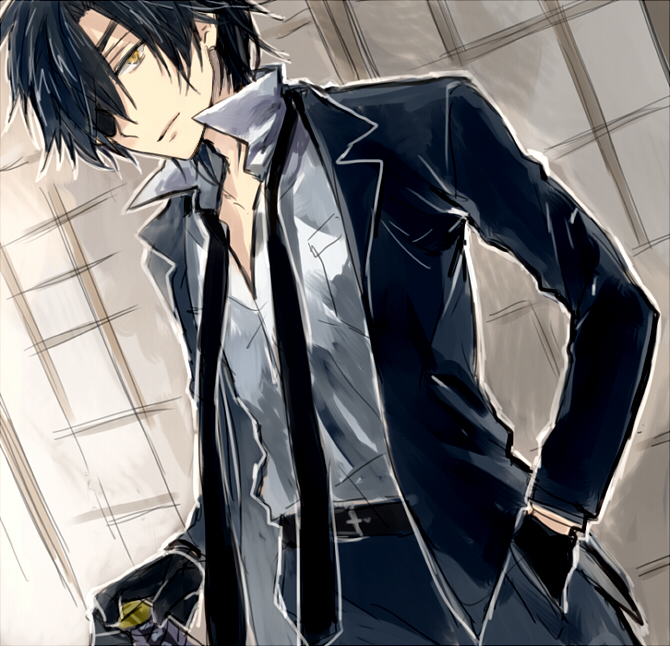 10s, 1boy, bad_id, bad_pixiv_id, black_hair, eyepatch, formal_clothes, gloves