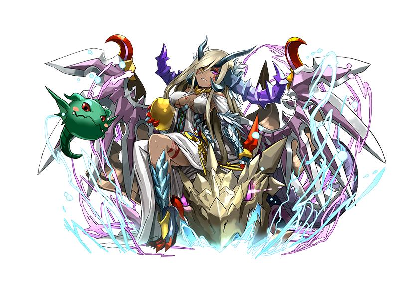 1girl, adachi_yousuke, blonde_hair, breasts, draggie_(p&amp;d), dragon, energy, grand_sonia, grin, horns, long_hair, official_art, purple_eyes, puzzle_&amp;_dragons, sitting, smile, sonia_gran, tail, tan, tattoo, very_long_hair, wings