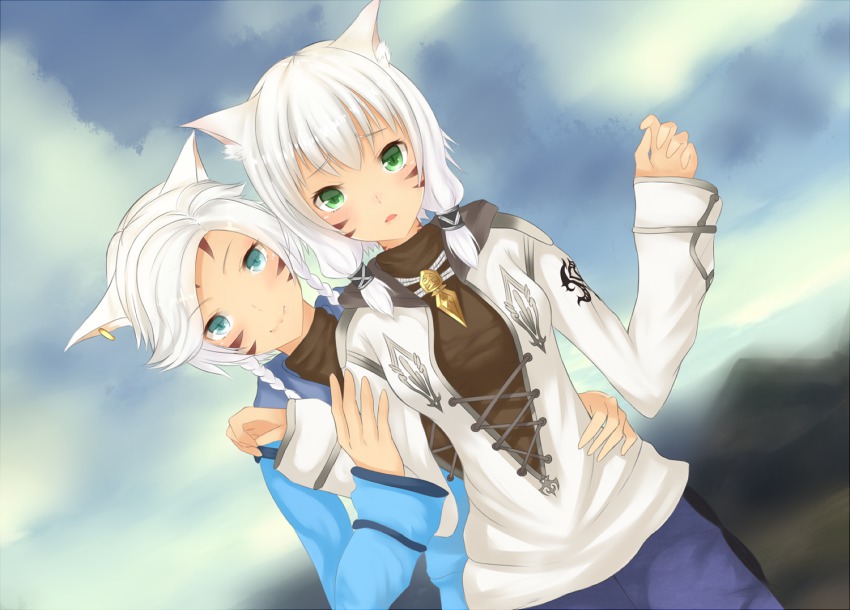 10s, 2girls, animal_ears, braid, breasts, cat_ears, cloud, cloudy_sky