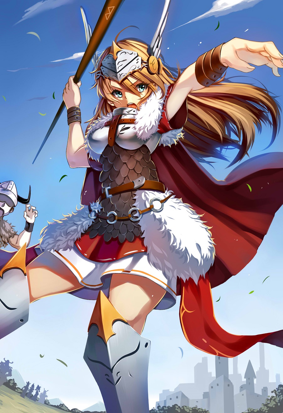 1girl, armor, blue_eyes, boots, brown_hair, brunhilda_(mythology), crazyodin, highres, long_hair, moeru!_jiten, moeru!_senjou_no_otome_jiten, norse_mythology, official_art, solo_focus, thigh_boots, thighhighs, valkyrie, weapon