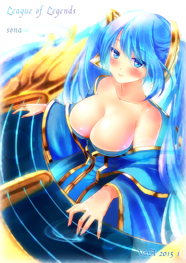 10s, 1girl, 2015, akira_b, artist_name, blue_eyes, blue_hair, blush, breasts, character_name, cleavage, copyright_name, female_focus, instrument, large_breasts, league_of_legends, long_hair, looking_at_viewer, low_neckline, matching_hair/eyes, solo, sona_(league_of_legends), twintails