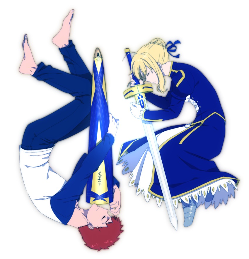 1boy, 1girl, artoria_pendragon_(fate), avalon_(fate), bad_id, bad_pixiv_id, barefoot, blonde_hair, dress, emiya_shirou, excalibur_(fate/stay_night), fate/stay_night, fate_(series), fetal_position, hair_bun, mekkichi, raglan_shirt, raglan_sleeves, saber_(fate), sheath, single_hair_bun, sword, weapon