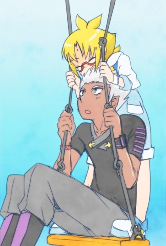 2boys, ahoge, bakugan, bakugan_gundalian_invaders, blonde_hair, boots, dark-skinned_male, dark_skin, glasses, grey_hair, height_difference, kaimiwa, marukura_marucho, mole, multiple_boys, on_swing, ponytail, red-framed_eyewear, ren_krawler, short_hair, shorts, smile, standing, standing_on_swing, swing, white_hair, yellow_eyes