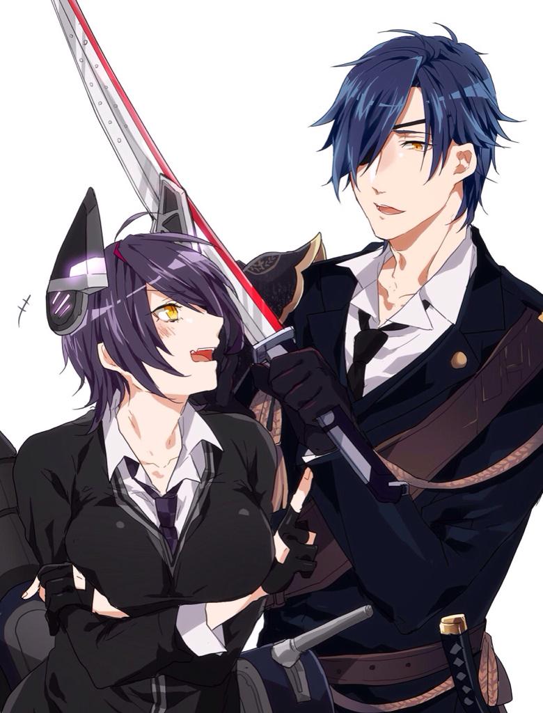 10s, 1boy, 1girl, armor, black_hair, breasts, cardigan, crossed_arms