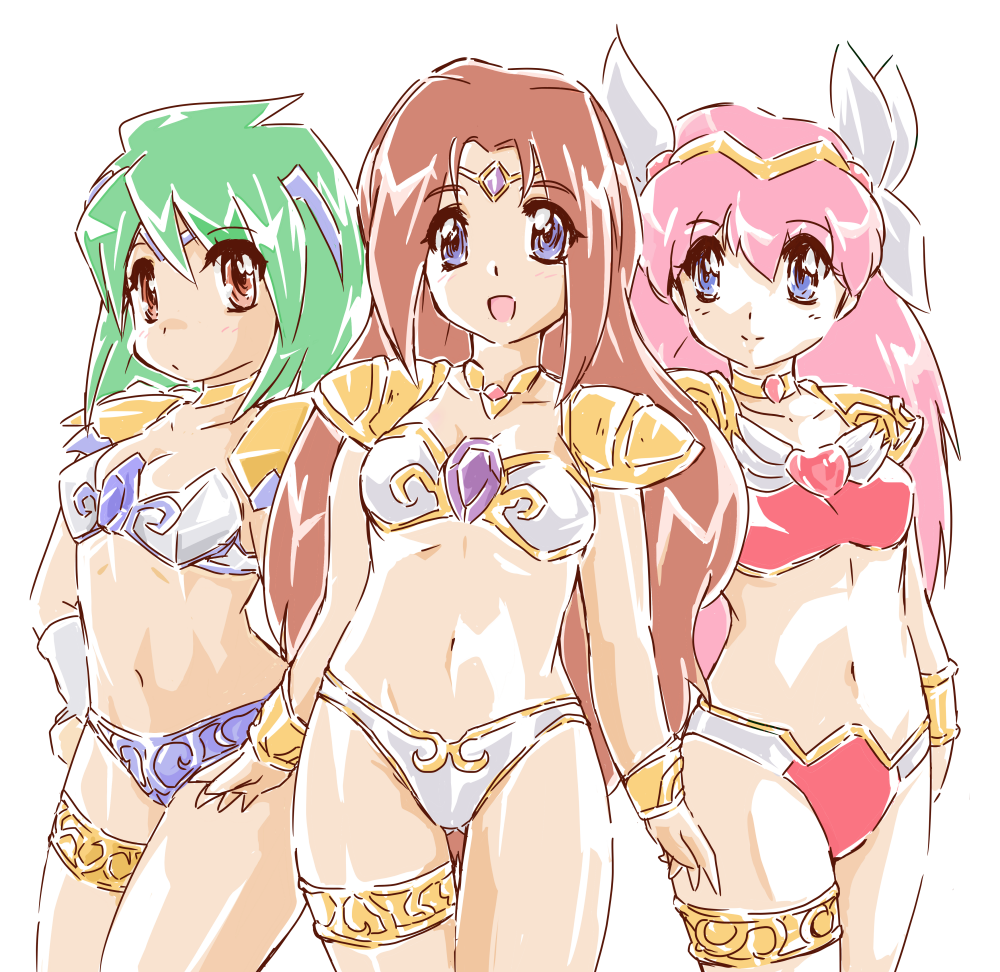 1990s_(style), 3girls, adapted_costume, ai_tenshi_densetsu_wedding_peach, angel_daisy, angel_lily, armor, bikini