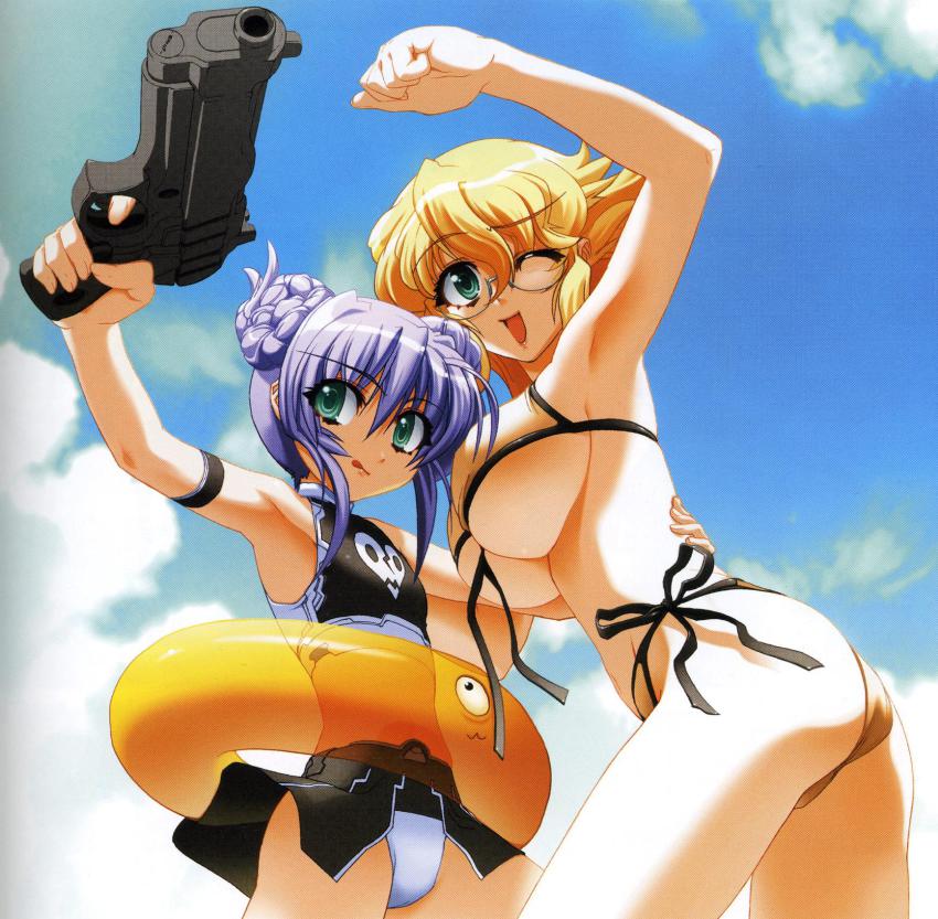 00s, 2girls, al_azif_(demonbane), armpits, bikini, blonde_hair, breasts, day, demonbane, double_bun, dunsany, flat_chest, glasses, gun, hair_bun, halftone, handgun, highres, huge_breasts, innertube, leica_(demonbane), moire, multiple_girls, nishii_(damnedrive), one_eye_closed, pistol, purple_hair, scan, side-tie_bikini_bottom, standing, swim_ring, swimsuit, underboob, weapon, wink