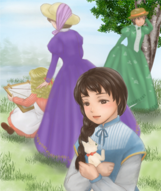 4girls, ai_no_wakakusa_monogatari, amy_march, blonde_hair, braid, brown_hair, cat, dress